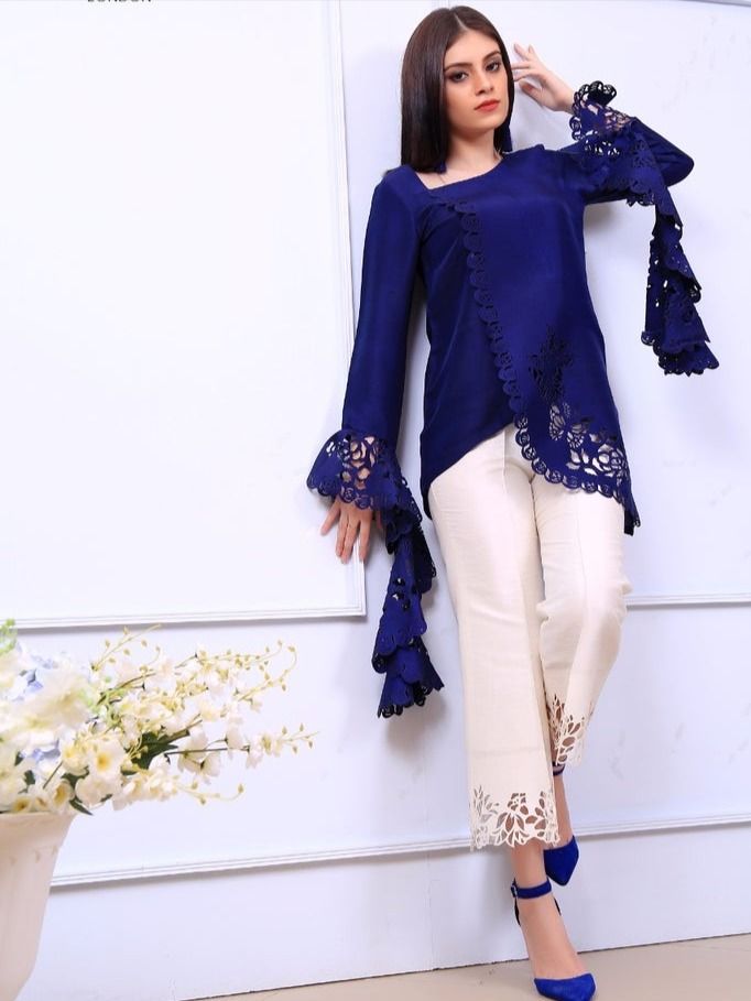 Navy Ruffle Sleeves Laser Cut Top- Henna Mehndi Sania Maskatiya