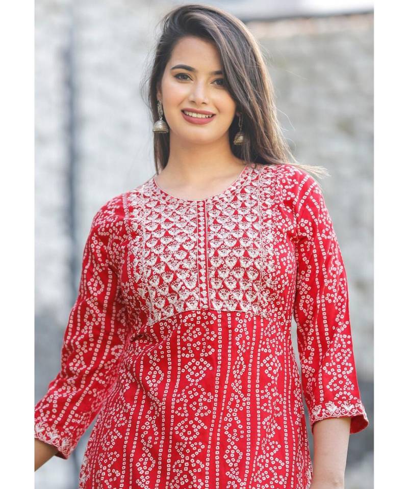 Red Women's Bandhani Printed With Embroidery Kurta With Skirt